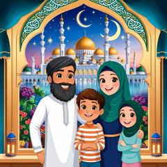 Happy family celebrate for eid mubarak with mosque background