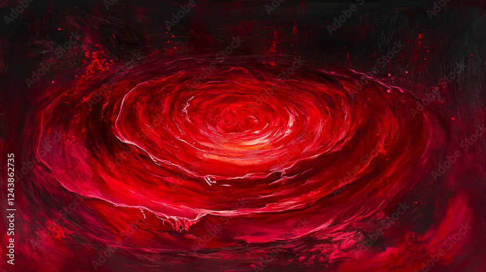 Poster a swirling abstract painting in deep red tones, creating a vortex-like effect, symbolizing intense e