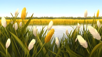 Lush Green Grass with White and Yellow Flowers Near Tranquil Water
