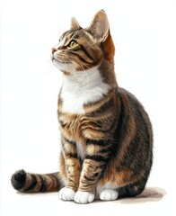 Obraz premium Realistic portrait of a domestic cat sitting gracefully with a serene expression, showcasing beautiful fur patterns and a curious gaze, isolated on white background