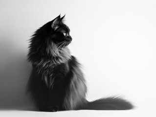 Obraz premium Regal Black Cat with Fluffy Fur and Intense Gaze Set Against a Minimalist White Background Captivating Photography for Cat Lovers and Animal Enthusiasts