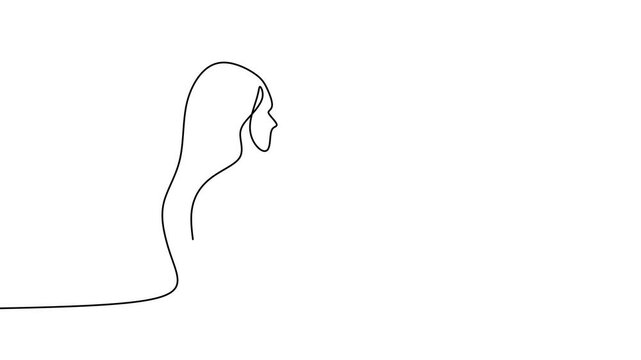 Continuous one single line drawing animation of reporter female journalist. A professional women journalist interviewing a businessman to explain his business strategy in pandemic COVID-19. Animation