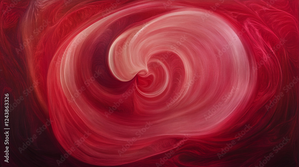 Poster a swirling abstract painting in deep red and white tones, resembling a spiral or vortex, symbolizing