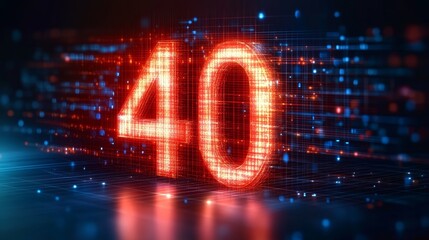 Glowing Digital Number 40 on Futuristic Technological Background, Digital Art Illustration