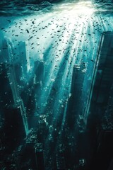 Obraz premium Underwater civilization: hidden worlds, forgotten cities, submerged ruins, ancient relics, lost history, mysterious structures, deep secrets, abandoned life, ocean depths, aquatic exploration.