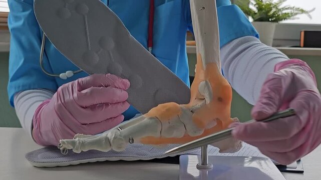 Doctor consulting patient on custom orthotic insoles in a clinic   person custom fit. Feet recreation medicine