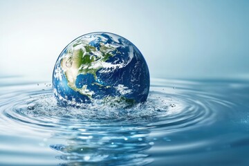 Environmental Protection Concept with Earth Floating on Water Surface Symbolizing Saving Water for a Sustainable Future