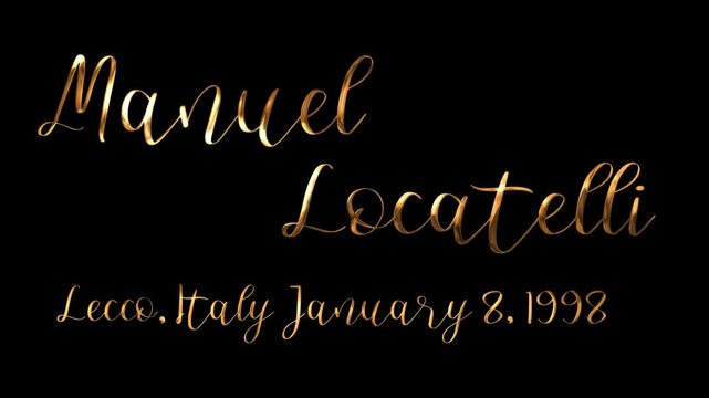 Manuel Locatelli. Gold text celebrates Manuel Locatellis birthdate in Lecco, Italy on January 8, 1998. Perfect for sports or birthday content. Text animation. 4K