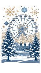 Beautiful winter illustration of a Ferris wheel among snowy trees and gold accents