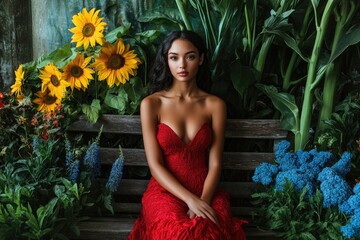 A woman in a red dress sits serenely on a wooden bench amidst vibrant sunflowers and lush greenery.