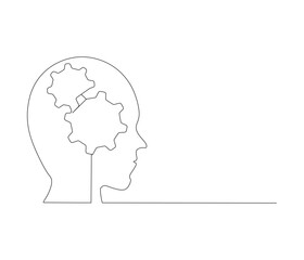 Continuous one line drawing of human head with gears inside. Single line drawing illustration of Cogwheels. Gears inside concept vector art. Doodle line illustration.
