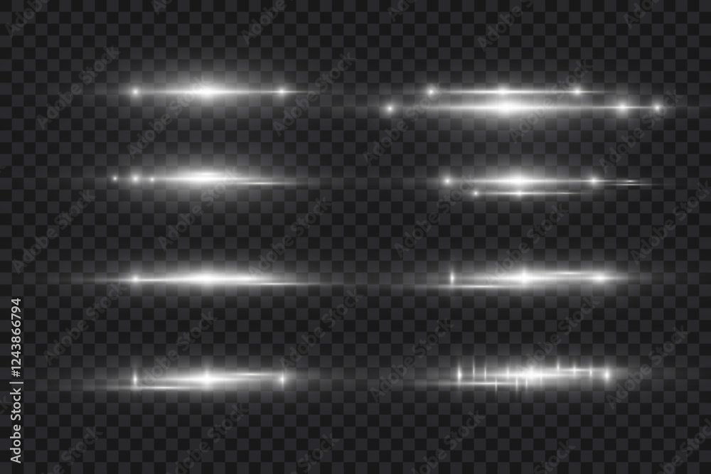 Fototapete set of glowing horizontal starlight lens flares, rays with bokeh collection on transparent backgroun