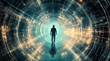 A person walking through a holographic tunnel filled with shifting geometric patterns