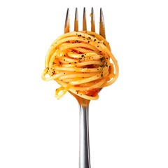 Spaghetti Pasta on Fork Against Plain White Background