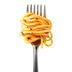 Delectable Spaghetti Pasta Dish on Silver Fork Against White Backdrop
