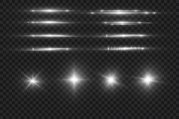 Abstract neon blur light spirals, radiant stars, and glowing particles with soft beams on a transparent backdrop.