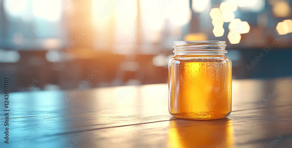 Poster a jar of organic honey sits on a rustic wooden table, illuminated by the warm glow of golden hour. t