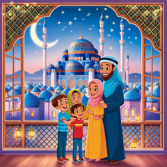 Happy family celebrate for eid mubarak with mosque background
