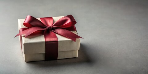 A delicately wrapped present with a luxurious burgundy ribbon sits on a neutral surface