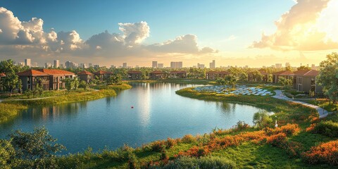Fototapeta premium Serene Lakeside Community at Sunset