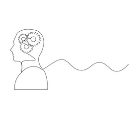 Continuous one line drawing of human head with gears inside. Single line drawing illustration of Cogwheels. Gears inside concept vector art. Doodle line illustration.
