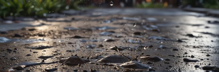 Obraz premium Water droplets falling from the sky, forming an abstract splash on the ground , weather, seasonal change