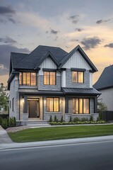 Modern family home with elegant architecture and warm lighting at dusk in a residential neighborhood featuring manicured lawns and a welcoming atmosphere