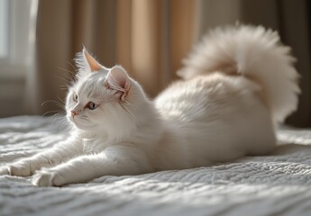 Obraz premium Soft and Fluffy White Cat Stretching in Sunlight on a Blanketed Bed, Cozy Indoor Home Environment with Warm Natural Light and Soft Textures