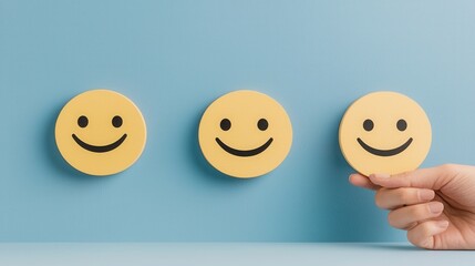 Client feedback survey bright happy face icon selection for rating satisfaction