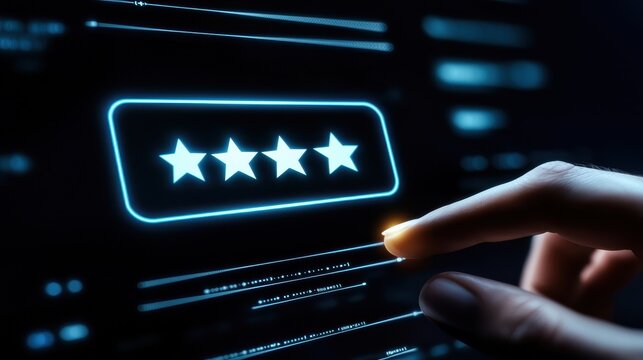 Pressing for satisfaction hand interaction with glowing five-star rating icon in digital environment