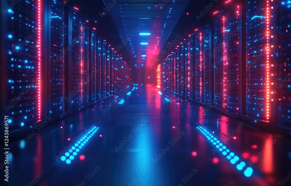 Poster futuristic data center with vibrant red and blue neon lights illuminating advanced server racks, ide