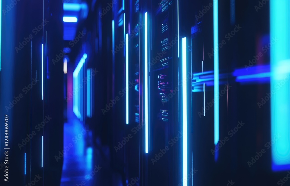 Poster Close-up of futuristic server racks with neon blue lights, perfect for showcasing advanced technology themes and data-driven concepts