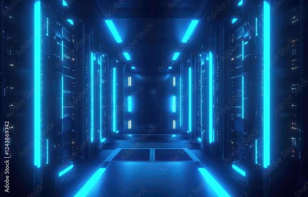 Poster futuristic server corridor with vivid blue neon lighting, designed for modern technology showcases a