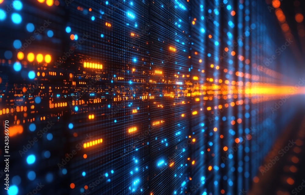Poster dynamic network visualization with blue and orange glowing data streams, ideal for technology-themed