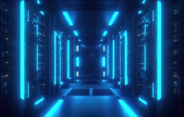 Fototapeta premium Futuristic server corridor with vivid blue neon lighting, designed for modern technology showcases and innovation-driven projects