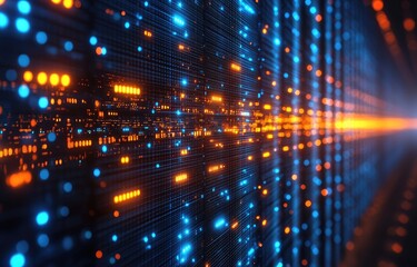 Dynamic network visualization with blue and orange glowing data streams, ideal for technology-themed content, digital transformation, and innovation