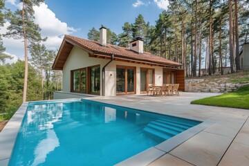 Fototapeta premium This stunning, contemporary house features a refreshing swimming pool and is enveloped by tall trees, making for a picturesque scene on a sunny afternoon