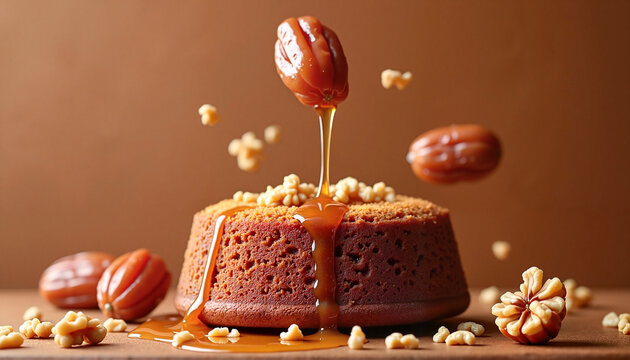 Moist date cake drizzled with sweet date syrup and sprinkled with walnuts, against a rich caramel background, indulgent dessert concept.