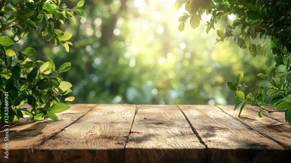Poster a weathered wooden table stands under the warm glow of sunlight, surrounded by vibrant green leaves.