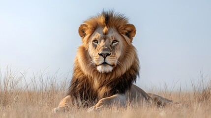 Fototapeta premium Majestic Lion Resting in Golden Grassland under Clear Blue Sky