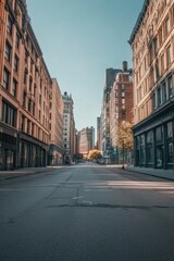 Obraz premium A tranquil early morning scene unfolds on a deserted city street, highlighting the stunning urban architecture against the serene backdrop