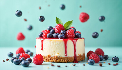 Mixed berry cheesecake topped with fresh raspberries and blueberries, floating elements against a cool teal background, dessert artistry concept.