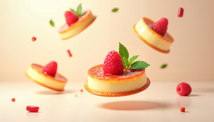 Floating crème brûlée topped with fresh raspberries and mint against a soft ivory background, elegant dessert photography concept.