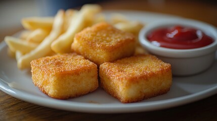 Crispy cheese bites with fries and ketchup on a plate