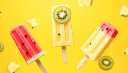 Colorful fruit popsicles made from watermelon, kiwi, and pineapple slices floating in the air against a bright sunny yellow background, summer refreshment concept.