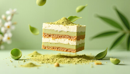 Matcha tiramisu layered dessert with floating elements against a serene sage green background, gourmet food artistry concept.