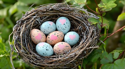 Obraz premium Colorful Easter Eggs Nestled in a Rustic Bird's Nest Outdoors