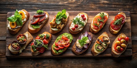 A Delicious Selection of Gourmet Bruschetta Toppings on Rustic Wooden Board
