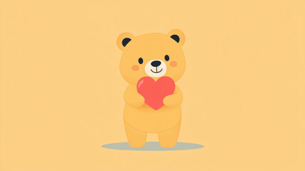 Cute teddy bear holding red heart on yellow background