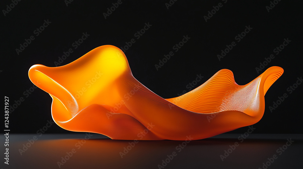 Poster Abstract orange flowing shape with curved lines and smooth texture, illuminated against a dark background, symbolizing motion, fluidity, and dynamic design.